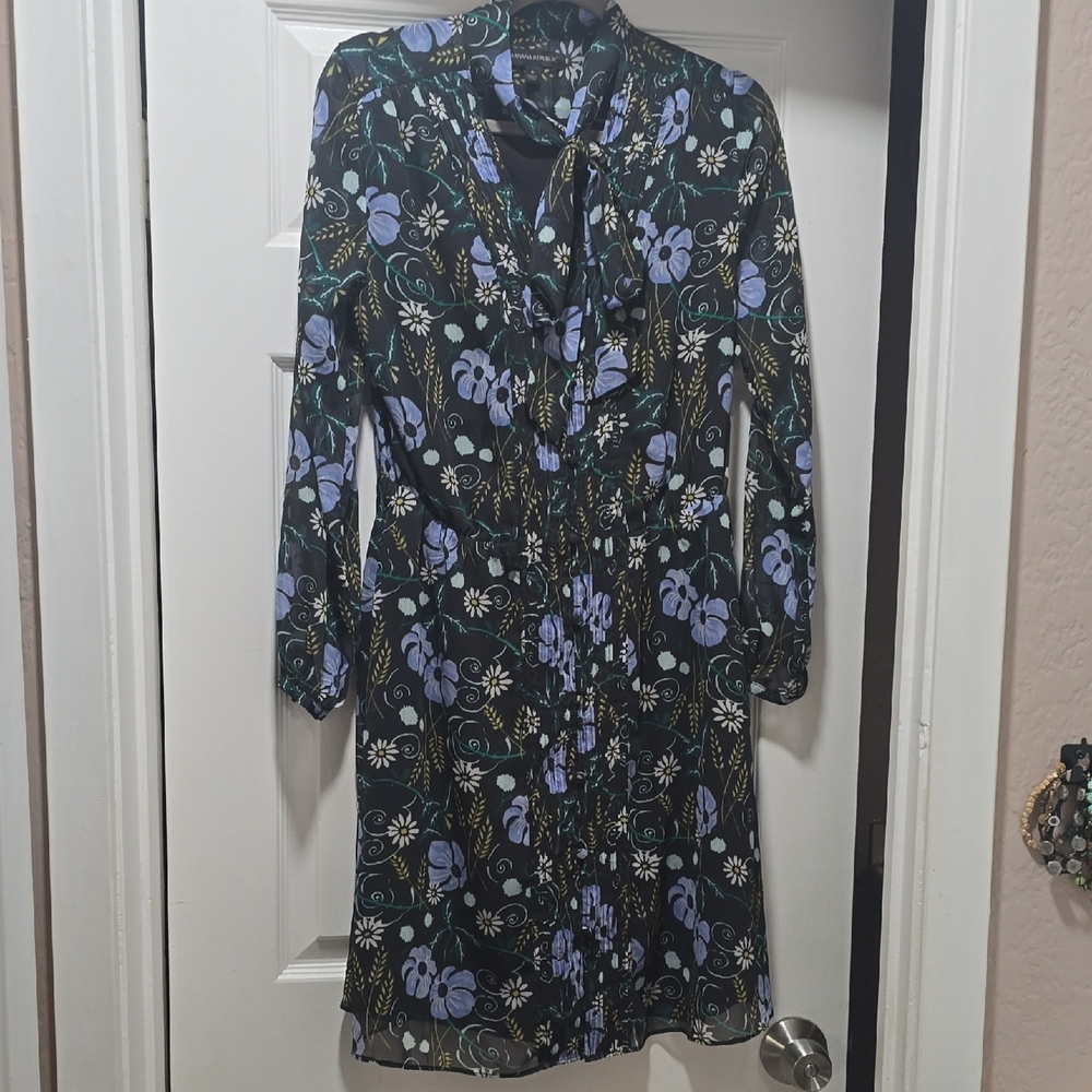 Banana Republic Black and Blue Floral Long Sleeve Dress